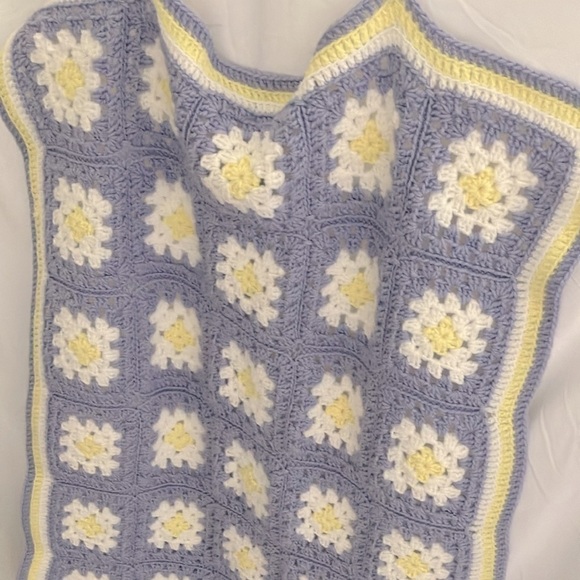 Blanket: Granny Square Blanket- pastel purple/pastel yellow/white- 50”x33” - Picture 5 of 12